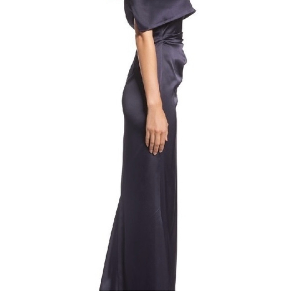Vince Camuto Navy Lustrous satin ruche shoulder baring gown flare fishtail train - Picture 5 of 13